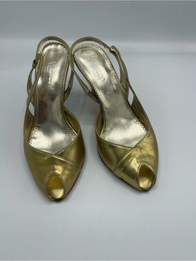 Versani Metallic Gold Peep-Toe Slingback Heels